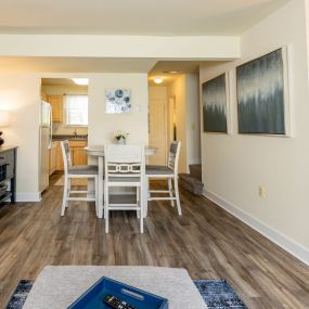 Living room with dining room and kitchen view