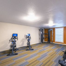 Fitness center with stationary bikes, a cable machine and rowing machine
