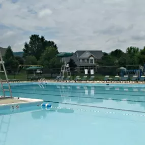 swimming pool with lap lanes and greenery