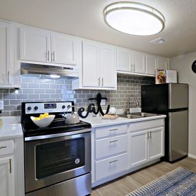 View of Kitchen with Plank Flooring, Stainless Steel Appliances, and White Cabinetry with Tile Backsplash