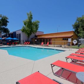 Soothing Pool Surrounded by Orange Chaise Lounge Chairs