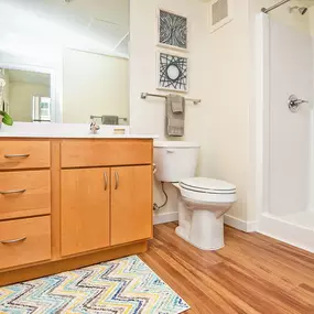 Bathroom with lots of Cabinet Space and a Walk-in Shower at Scharbauer Flats