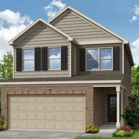 Two-story home with two car garage, brick and siding, black shutters