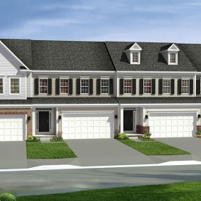 Row of 4 townhomes in the Hazelton Floorplan at DRB Homes Sienna Village