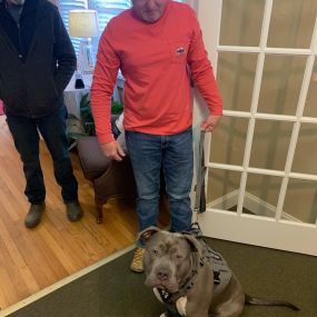 A customer with his dog, Pablo, stop by today for a visit!