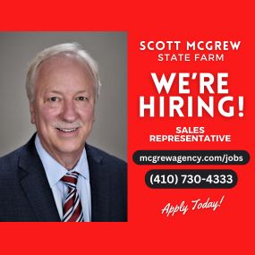 Join our team at Scott McGrew State Farm and have a positive impact on the lives of individuals in our community!

We are currently hiring at our Ellicott City office for a Sales Representative. Visit our website or call us for more information on how to pursue a fulfilling career with ample opportunities for advancement.