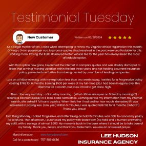 Testimonial Tuesday! We are so grateful for our amazing customers! Here is a glowing review from a new customer that started this month! Here at Lee Hudson Insurance Agency, we are dedicated to making sure our customers get the best in insurance coverage without breaking the bank. Thank you for trusting us with your insurance needs!