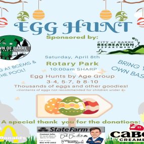 COME ONE COME ALL to the annual Egg Hunt sponsored by the Town of Barre Recreation Department and City of Barre Recreation Department.
The Egg Hunt will begin at 10 a.m. SHARP at Rotary Park. Bring your own basket to fill. There will be three areas set up based on the age groups listed in the flyer. The Egg Hunt goes quickly, be sure to get there early so you don’t miss the start. There is parking at the Pool and BCEMS. We will be there serving up hot chocolate for families.
Mark your calendars!