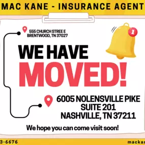 We’ve moved! ???? Same great service, brand new location. Stop by our new office at 6005 Nolensville Pike, Suite 201

Nashville, TN 37211 for all your insurance needs. Looking forward to continuing to serve you!