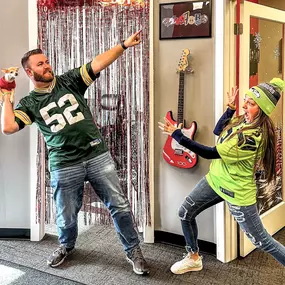 It’s game day!! There’s been a little clash in our office as Andrew’s Cheeseheads take on Amber’s Seagulls! (Pippin just wanted to be in a photo).

Who will win the big game tonight??