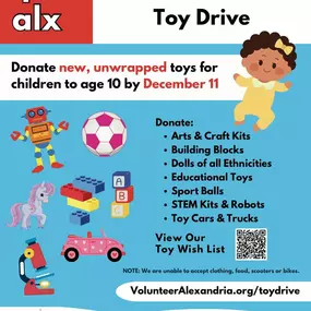 Join us in celebrating the 10th annual Toys 4 ALX by donating today! Your contribution will bring joy to children in need this holiday season. We have convenient drop-off locations in both Alexandria and Annandale. Let’s make this year the best one yet!