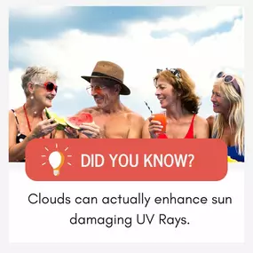 Everyone knows it's important to take care of your skin when it's sunny, but did you know that clouds can amplify UV rays and increase the risk of sun damage? Remember to apply sunscreen and wear clothing that helps shield your skin, even when it's cloudy.