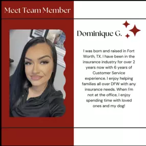 Meet Dominique! 

Dominique is a key part of our Kathleen Alexander State Farm team, helping customers find the right coverage with a smile! Whether you need auto, home, or life insurance, she’s here to make the process smooth and stress-free.