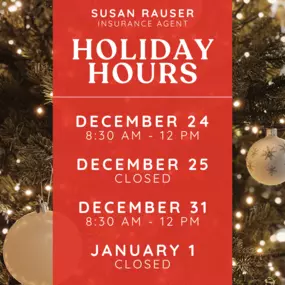 ✨ Happy Holidays! ☃️
We have changed our office hours in observance of Christmas and New Year's!
 
 - December 24th: 8:30am - 12pm
 - December 25th: CLOSED

 - December 31st: 8:30am - 12pm
 - January 1st: CLOSED

We wish you all a joyful holiday and look forward to serving you again on December 26th!  ????????