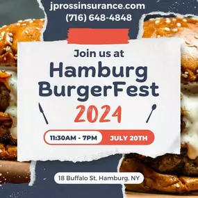 Join our JP Ross State Farm team at the 2024 Hamburg BurgerFest!!

This annual festival, taking place every third Saturday in July, offers a variety of delicious food (especially hamburgers!), live music, a classic car show presented by Corvettes of Buffalo, KidSpace activities for children, street vendors, and captivating Magic on Main Street performances showcasing talented young artists.

We can't wait to see you there! ????