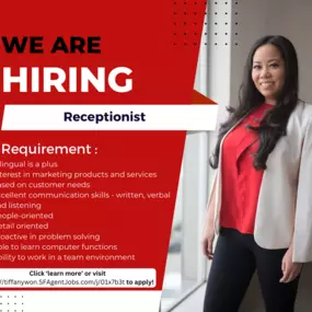 Join our team at Tiffany Won State Farm and have a positive impact on the lives of individuals in our community!

We are currently hiring for a Receptionist at our San Fransisco office. Click 'Learn More' to visit our website or call us for more information on how to pursue a fulfilling career with ample opportunities for advancement.