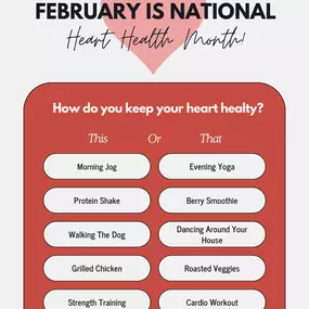 ???? National Heart Health Month: This or That!
Whichever side you choose, your heart will thank you!
Which heart-healthy habits are you loving this month? Check out the options in the graphic and drop your answers below! ????
#HeartHealthMonth #HealthyHeart #ThisOrThat #HeartStrong