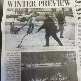 Morgan Parker State Farm insurance agent and team make front page for shoveling snow from the storm in Longmont