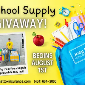 Join our team at Joey Eades State Farm this Thursday, August 1st, for our School Supply Giveaway!

We're excited to support our community by providing essential supplies to help students start the school year off right. Don't miss out on this opportunity to gear up for success.

We look forward to seeing you!

7791 Richmond Highway
Appomattox, VA 24522