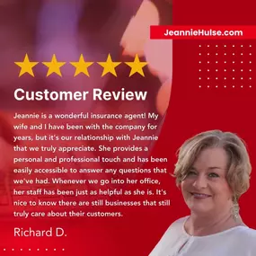 Thank you so much for your kind words and for sharing your experience, Richard! We're delighted you and your wife have felt supported and valued throughout your time with us. Jeannie's commitment to providing personal and professional service is a cornerstone of our business, and it's heartening to hear that this has resonated with you. We're equally pleased to hear that our staff has contributed positively to your experiences in our office. We look forward to helping you and your family again!