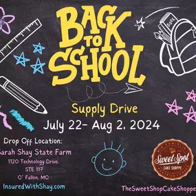 We are so excited to be hosting a Back to School Supply Drive for local students in need. Drop off any new school supply donation, July 22 - Aug 2, and receive a FREE sweet treat from the Sweet Spot Cake Shoppe.