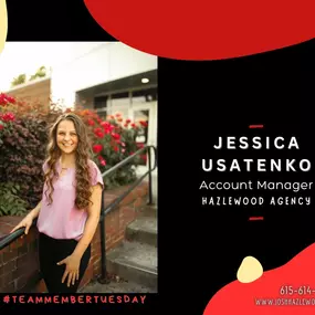 Welcome to #TeamMemberTuesday where each week, we will introduce one of our amazing team members here at Josh Hazlewood State Farm! This week, we are kicking things off with Jessica Usatenko!

Jessica was born in Washington State, but has lived in Spring Hill, TN since she was 5 years old! She is first generation American, but English is her 3rd language!! She is fluent in English, Ukrainian, & Russian! (Wow!) Jessica has been with Josh Hazlewood State Farm for 4 years as our Account Manager.

J