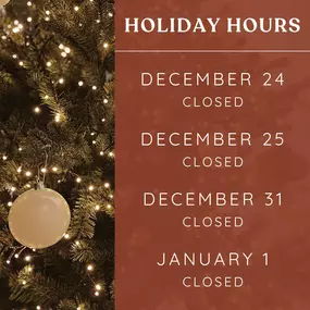 Happy Holidays! Below are our holiday hours for the upcoming week and the week of New Year’s. We wish everyone a joyful and safe holiday season! ????