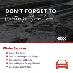 It is almost officially winter. Have you winterized your car yet? Your vehicle has to work extra hard in the colder month's. Taking these small steps now can keep later headaches down the road. Stay warm, stay safe, and enjoy the winter season!
????6139 S Rural Rd. Suite 101
Tempe, AZ 85283