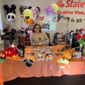 Whew! That’s a wrap for another birthday week at Heather Vina State Farm! We celebrated Kayla Mahoney on Wednesday with lots of carbs. We celebrated Erin Brown today Disney-Halloween style! It is more than a job; it’s about family. Happy birthday, ladies! Love you to the moon and back!