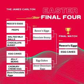 And the winner is.....Reece's Eggs!  The Championship came down to Egg Cakes vs. Reece's Eggs and the Reece's came out on top. Thank you to all who voted. This was a really fun tournament.