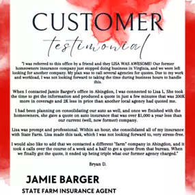 We love it when our customers take their time to leave us such thoughtful reviews! Jamie Barger State Farm