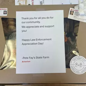 In honor of Law Enforcement Appreciation Day, Our office manager Andrea presented a beautifully crafted charcuterie box from our very own local restaurant Brie & Bartlett · Fine Grazing + Charcuterie to Brownsburg Police DepartmentWe pride ourselves on supporting our hard working officers and local businesses! #localbusiness #ShopSmall #police #brownsburgindiana #hendrickscountyindiana #statefarm #statefarminsurance #statefarmagent