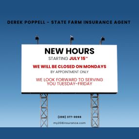We have new hours! Beginning July 15th, our office will be closed on Mondays and open by appointment only. We look forward to serving you Tuesdays through Fridays!