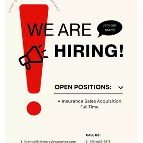 ????We’re Hiring???? If you or anyone you know is interested in joining our State Farm agency, we are currently hiring for an Insurance Sales position! Message us for more information! ????

*This employment opportunity is with a State Farm Agent, not with State Farm Insurance Companies and requires the successful completion of licensing requirements to solicit and service State Farm products.