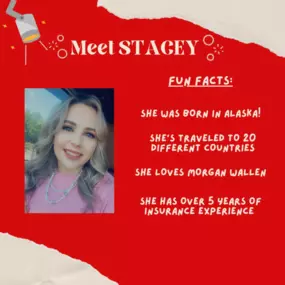 Today’s Team Member Tuesday Highlight is Stacey. We are thrilled to have her as the newest member of our team. She brings over 5 years of insurance experience and is committed to helping our customers protect what matters most. Call her today for a FREE quote!