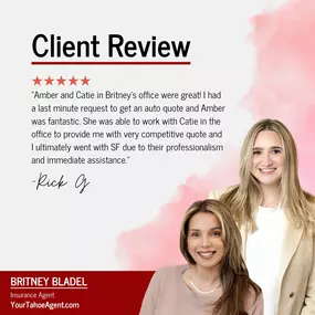 Thank you for the amazing review, Rick G.! Amber and Catie at our office were thrilled to help you with your last-minute auto quote request. Your satisfaction is our priority, and we're glad to have provided you with the professional and immediate assistance you need. Welcome to the SF family!