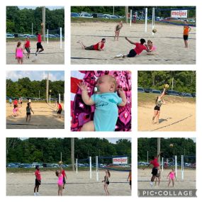Tuesday night sand volleyball was fun-in-the- sun! Even baby Grayson enjoyed himself. 
The Jessica Fitzgerald State Farm Agency team did good, won one out of two matches. Next week we start the Summer league~