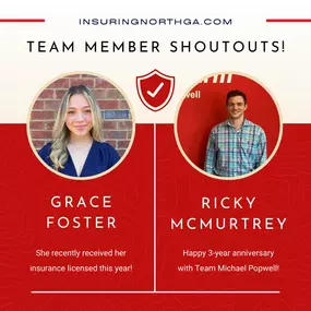 We're thrilled to celebrate two incredible milestones in our team! Join us in congratulating Grace Foster, who has recently received her insurance license. Grace, your hard work and dedication are inspiring, and we're excited to see all the great things you'll achieve! ????
And a big congratulations to Ricky McMurtrey on his 3-year anniversary with Team Michael Popwell! Ricky, your commitment and positive spirit have been essential to our team's success. Here's to many more years of making a dif