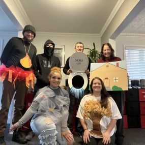 Our team was very creative for Halloween! We dressed up as a homeowners claim, including the perils of wind, hail, fire, theft, tree damage, and backup of sewer/drain! Happy Halloween, everyone!