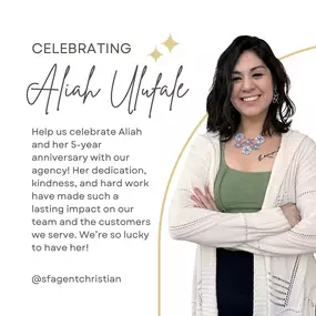 Join us in celebrating Aliah’s 5-Year anniversary of working with our agency!

We’re so grateful for you, Aliah! Your warmth, bright smile, and joy for life make every day better. Thank you for everything you do — you truly make a difference!