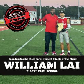 The Brandon Jacobs State Farm August Student-Athlete of the Month Award goes to William Lai of Biloxi High School. We presented him with the award on Friday, October 13th.