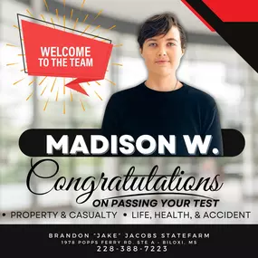 Join us in welcoming Madison to our team! Madison has successfully passed her Mississippi Insurance Exams and is now licensed in Property, Casualty, Life, Health & Accident. We couldn't be happier to have her on board with the Brandon Jacobs State Farm Team! With her vibrant personality and enthusiasm for working with our team, along with her extensive customer service background, Madison is a true asset.  
Welcome, Madison, and congratulations!