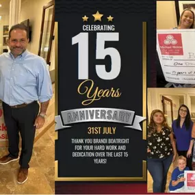 Here's to Brandi Boatright and her 15 years of growth, learning, and making a difference. Brandi, your journey has truly been remarkable. Your leadership, dedication and commitment to excellence inspires us all! Happy 15-year anniversary with Michael Nickas State Farm Agency.