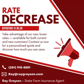 Rate Decrease for your auto and home insurance! Call today for a free quote !