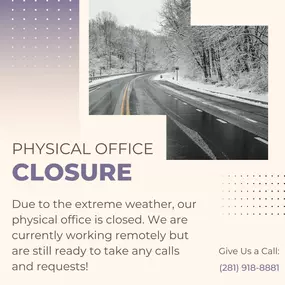 Due to the extreme weather, our physical office is closed. We are currently working remotely but are still ready to take any calls and requests!