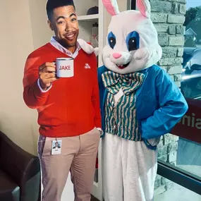 Can you guess who’s the prankster behind the bunny suit??