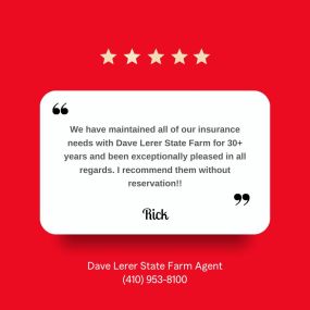 A big shout out to Rick and all our wonderful customers! Your feedback fuels our commitment to serve you better. Thank you for taking the time to share your experience with us! #CustomerReviews #TestimonialTuesday #DaveLererStateFarmAgent