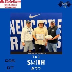 Help us congratulate Taj Smith week 10 Eric Ledoux State Farm Agency Player of the Game. Taj played a great game in a big district win over Bethany. The Racers travel to Elk City for the first round of the 4A State Playoffs. Go Racers!