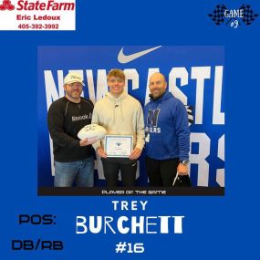 Help us congratulate Trey Burchett this weeks Eric Ledoux State Farm Agency Player of the Game. Trey played a physical game and graded out high on both sides of the ball.  We are proud of you Trey!