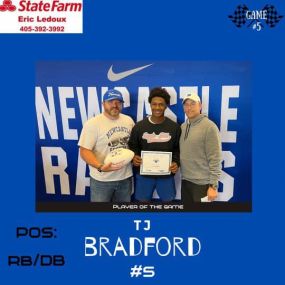 This week’s player of the game is TJ Bradford. TJ was on the field for over 110 plays and graded out over 90% on Offense and Defense. Great job TJ we are proud of you!